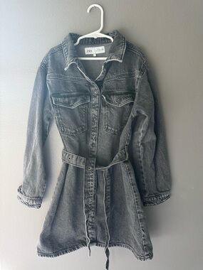 ZARA Washed Black Denim Jacket Dress with Tie Belt